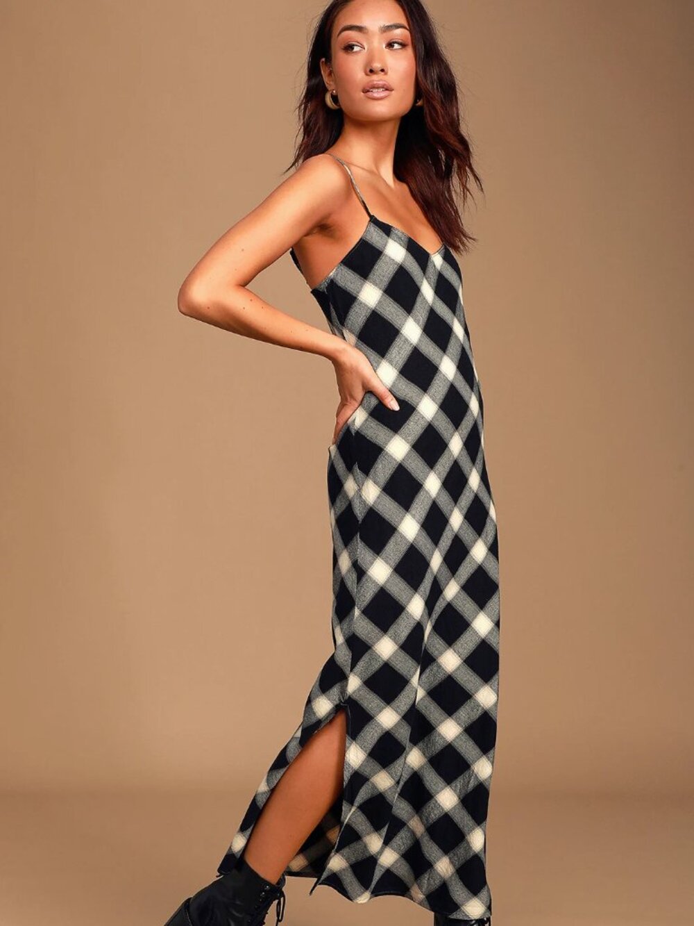 NWT Pistola Mari Black & White Multi Plaid Midi Slip Dress S - Picture 2 of 13